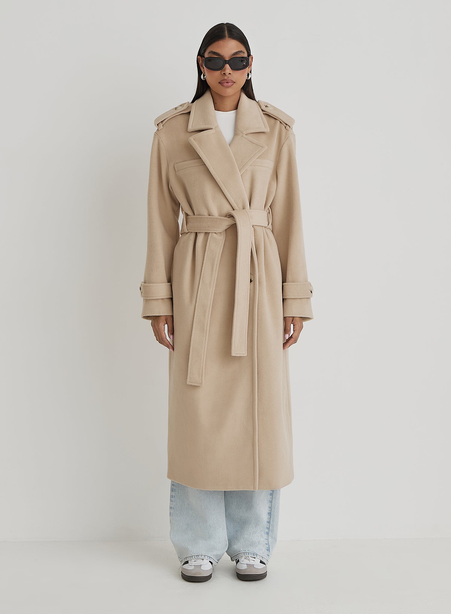 Beige Tailored Belted Longline Trench Coat